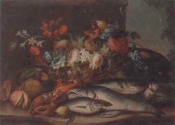 unknow artist Still life of a basket of flowers,fruit,lobster,fish and a cat,all upon a stone ledge China oil painting art